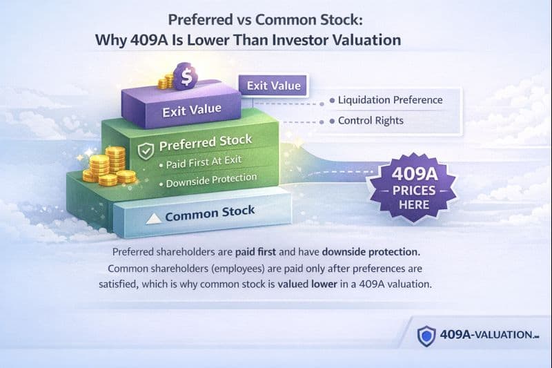 Capital stack diagram illustrating preferred stock above common stock and explaining why common stock is valued lower in a 409A valuation