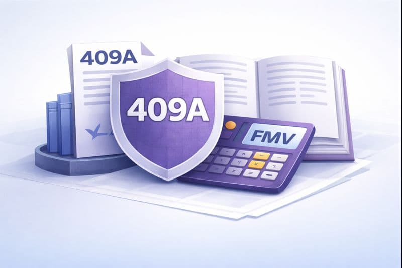 409A valuation fundamentals for startups - IRS compliance checklist, 12-month valuation cycle calendar, and safe harbor protection shield illustration