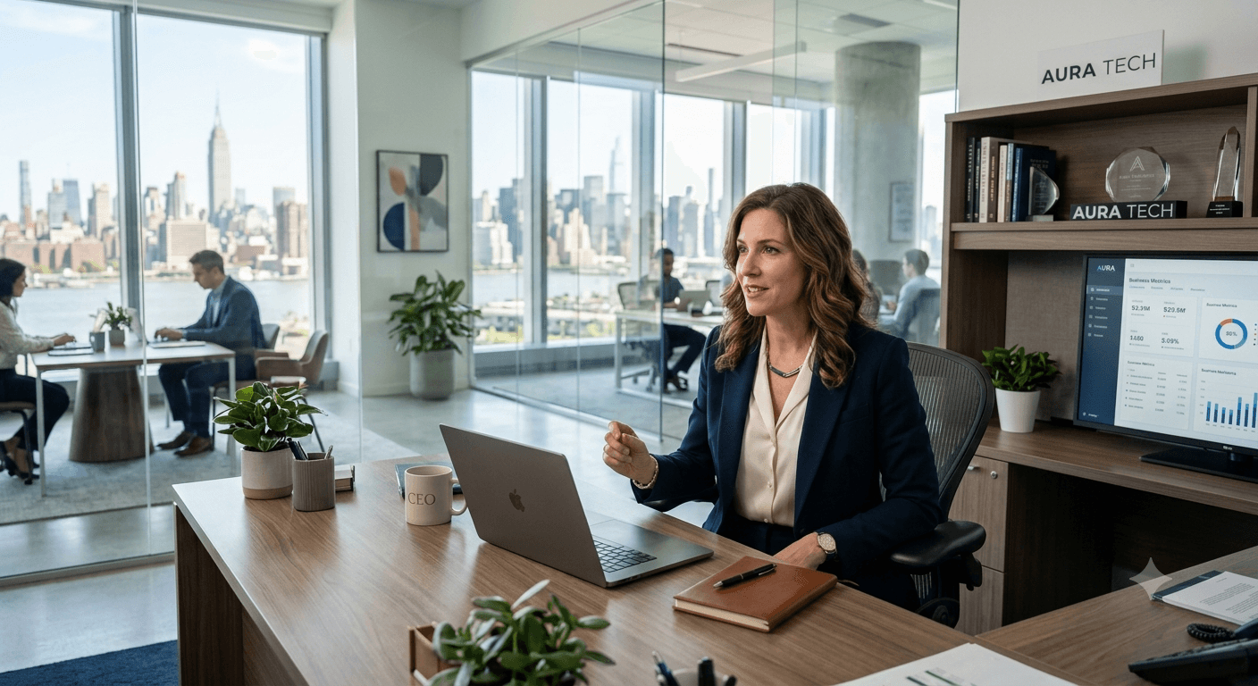 A company leader working at her desk with a business metrics dashboard and a New York City skyline view