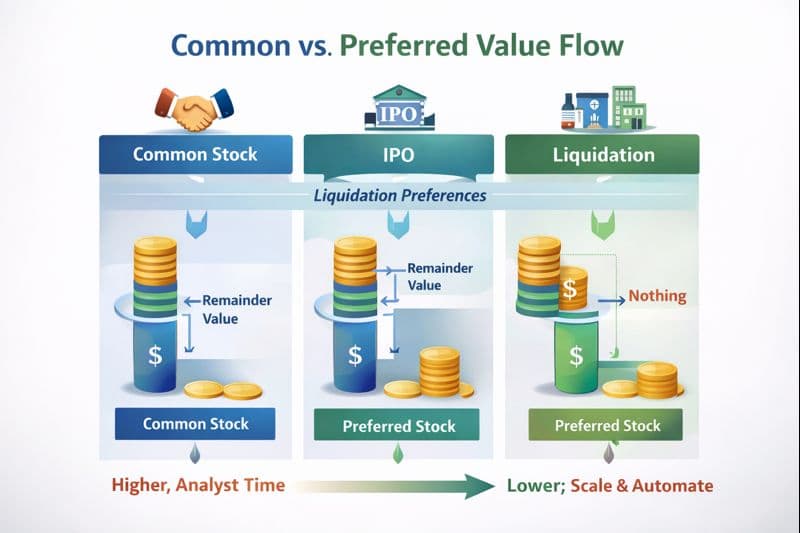 Capital stack waterfall showing how liquidation preferences affect common stock value