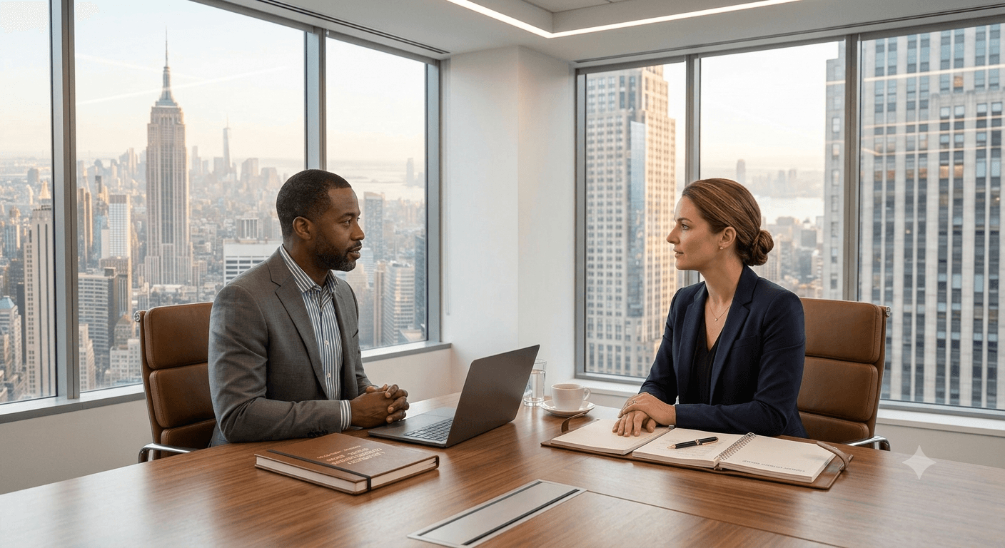 Two professionals in discussion at a conference table with a New York City skyline view, Empire State Building visible