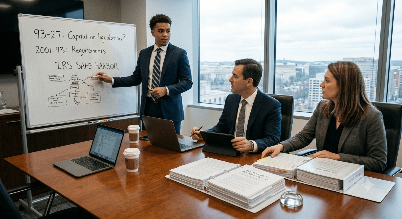 A presenter at a whiteboard outlining IRS safe harbor requirements for Rev. Proc. 93-27 and 2001-43 to two colleagues reviewing binders of tax documents