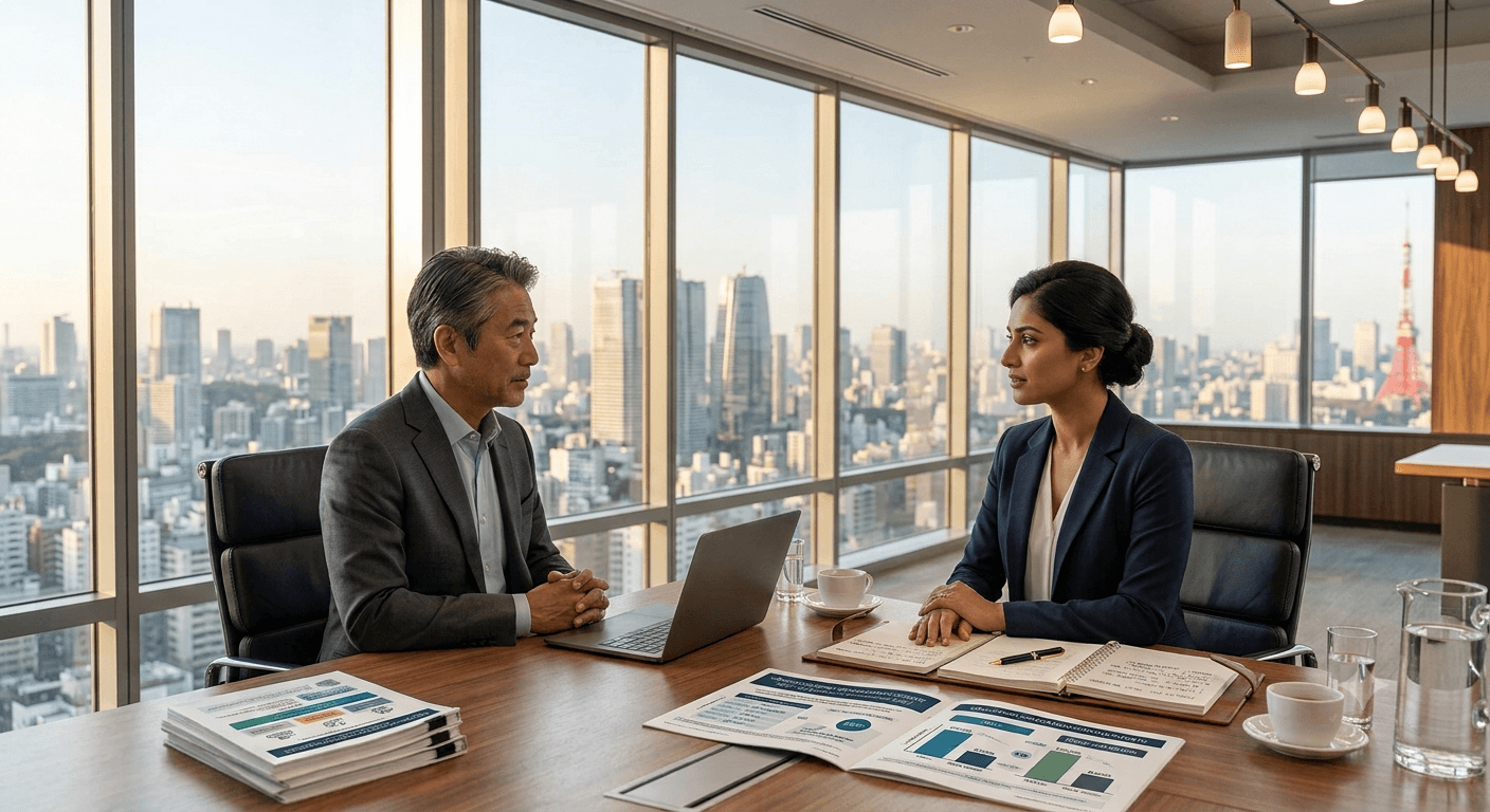 Two professionals reviewing equity compensation documents and charts at a conference table overlooking a city skyline