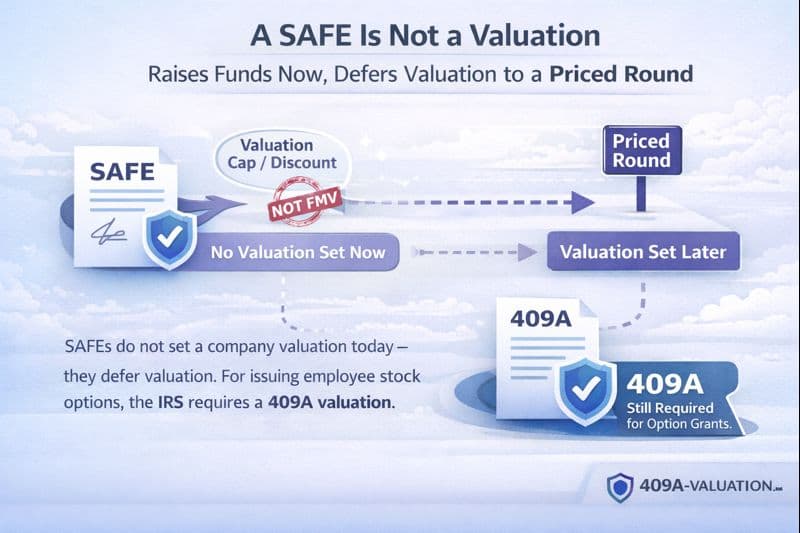 Diagram showing that a SAFE defers valuation to a future priced round and does not establish fair market value for 409A purposes