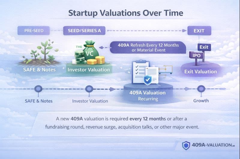 Timeline diagram showing SAFE fundraising, investor valuations, recurring 409A valuations, and exit valuation across startup growth stages