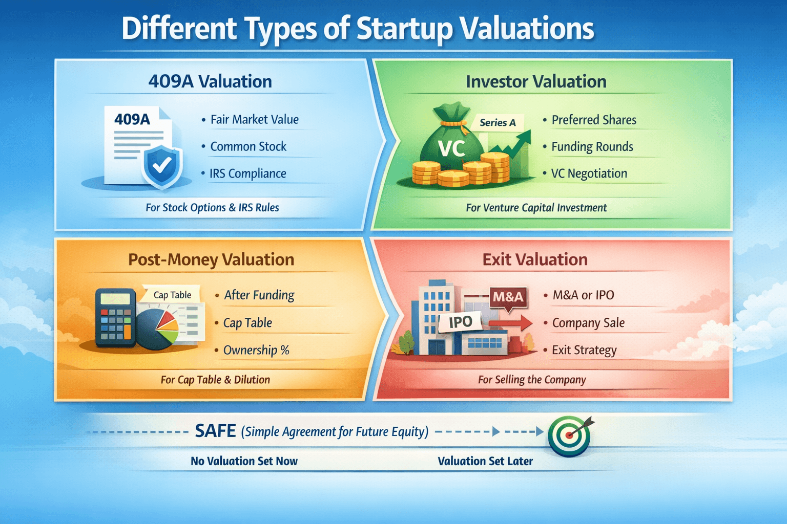 Diagram showing different types of startup valuations including 409A valuation, investor valuation, post-money valuation, exit valuation, and SAFE, and when each is used